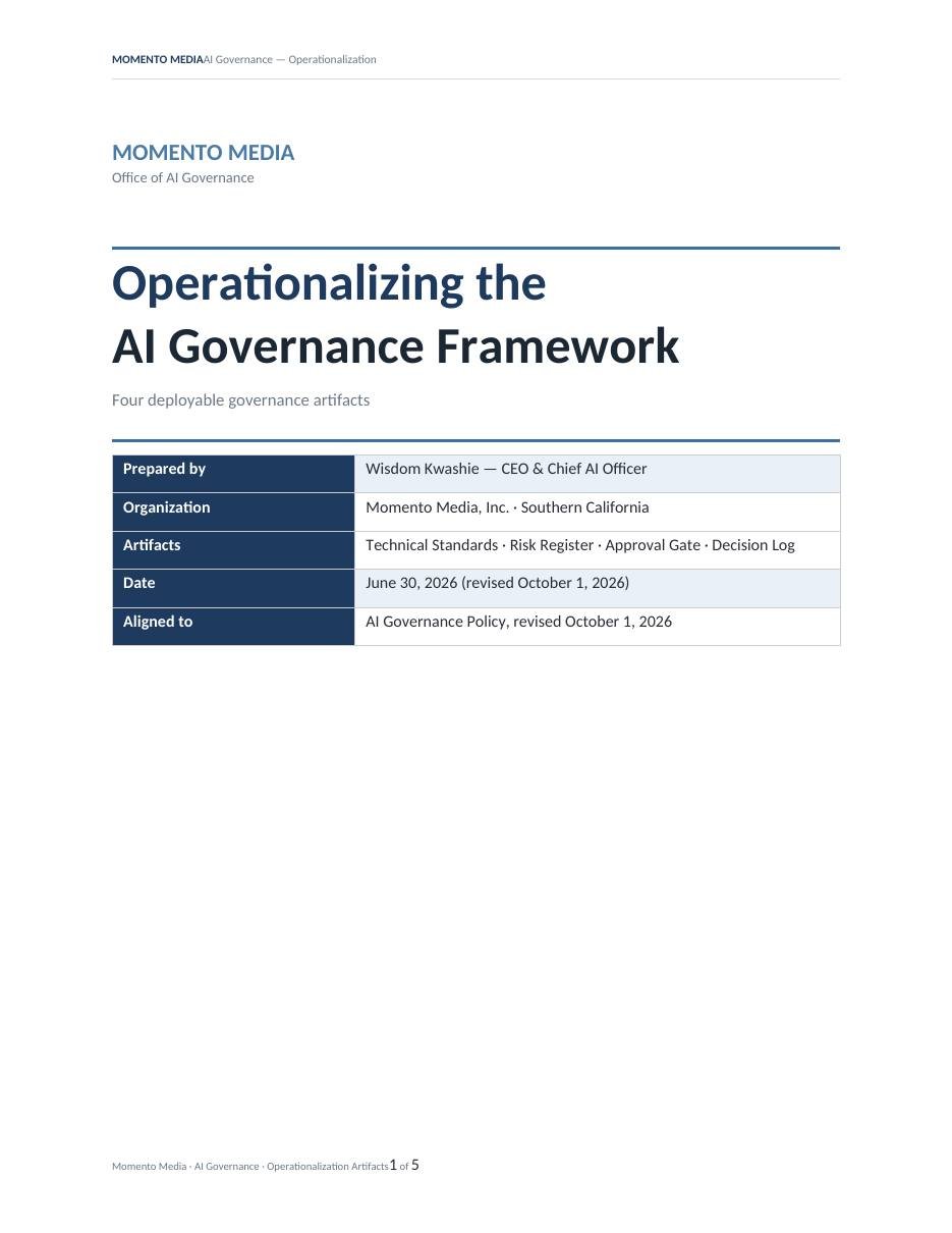 Cover of the Momento Media AI governance operationalization artefacts